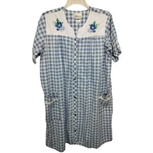 5407)Easy Essentials L Gingham Snap Button Up Floral Embroidery House Dress